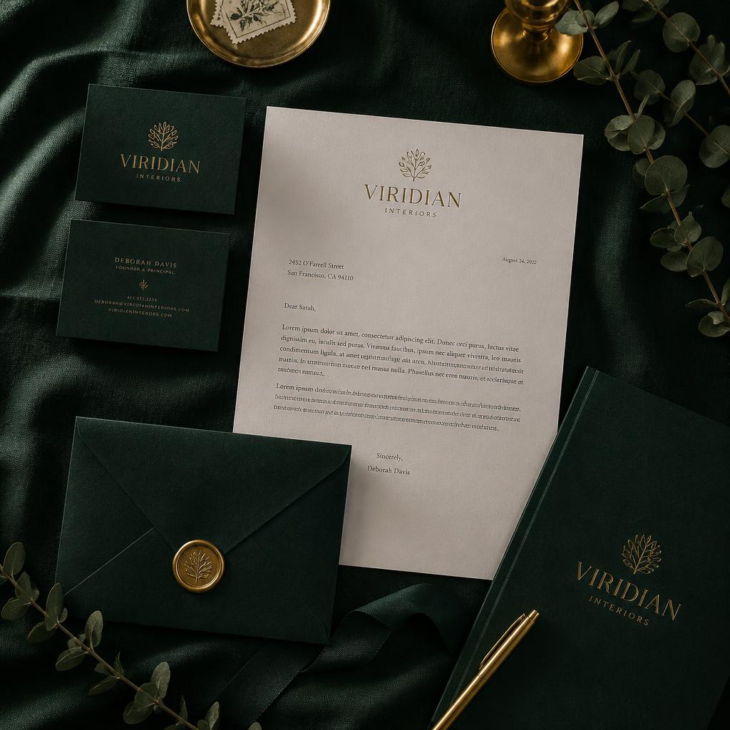 Luksuslik visuaalne identiteet: tumeroheline stationaaria kullast vahast templi ja elegantse lehe-embleemiga, taustaks sametine roheline kangas